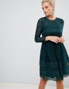 Asos Design Premium Lace Mini Skater Dress With Long Sleeves - Green