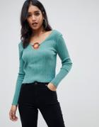 Asos Design V Neck Sweater With Ring Detail-green
