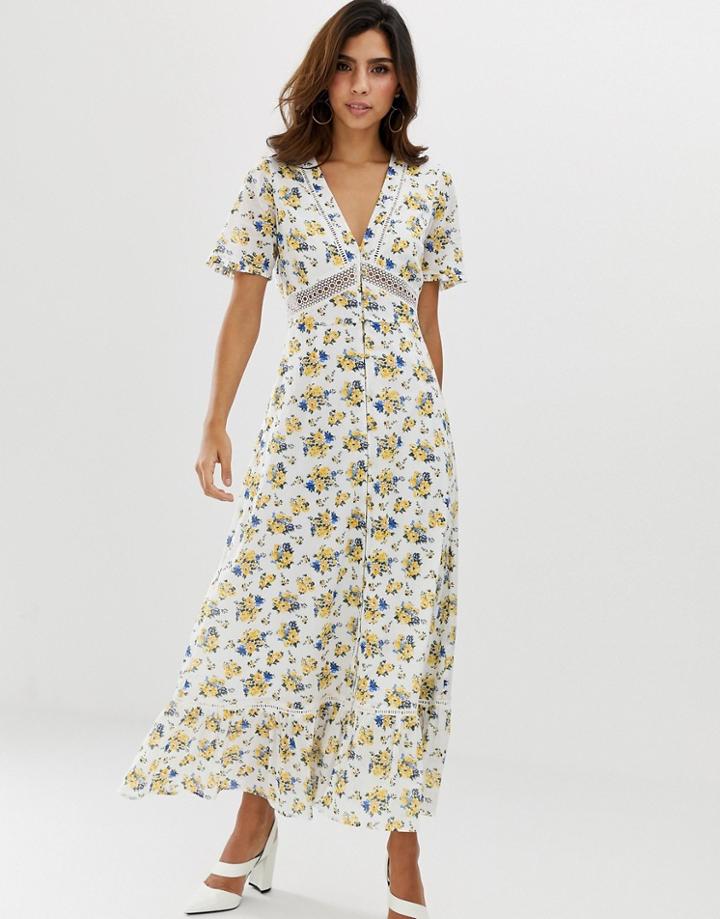 Asos Design Lace Insert Button Through Maxi Tea Dress In Ditsy Floral Print-multi