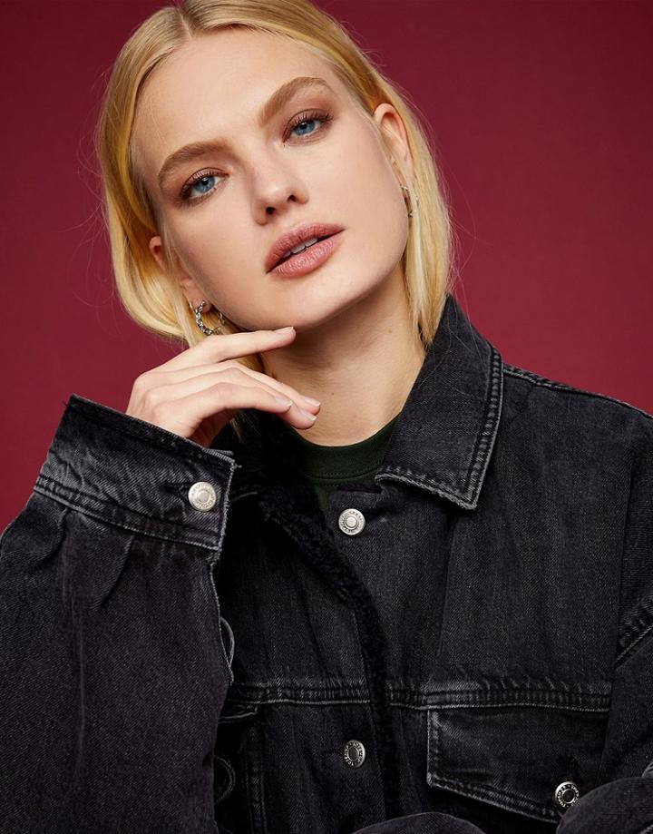 Topshop Oversized Borg Lined Recycled Cotton Denim Jacket In Washed Black-brown