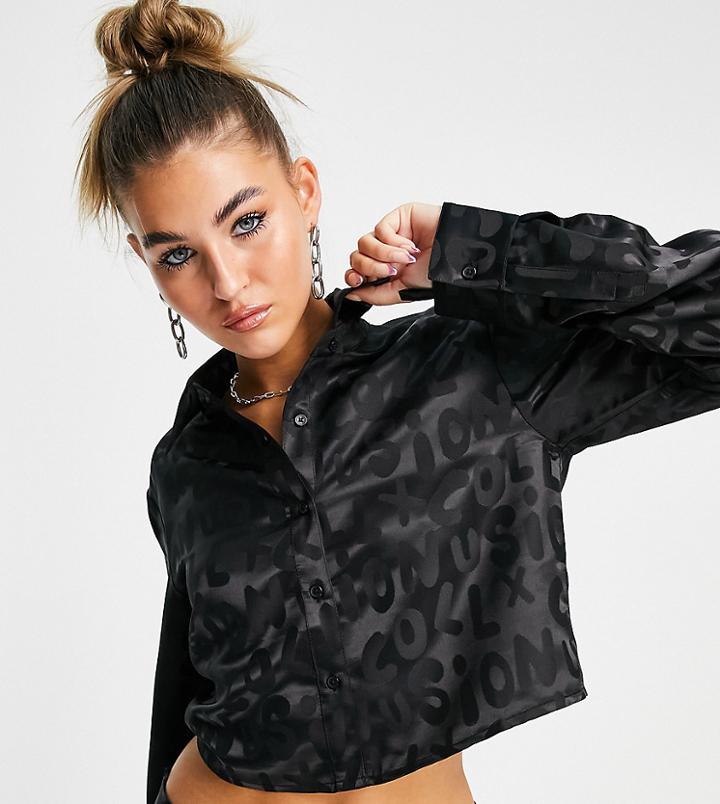 Collusion Cropped Branded Jacquard Satin Shirt In Black - Part Of A Set-pink