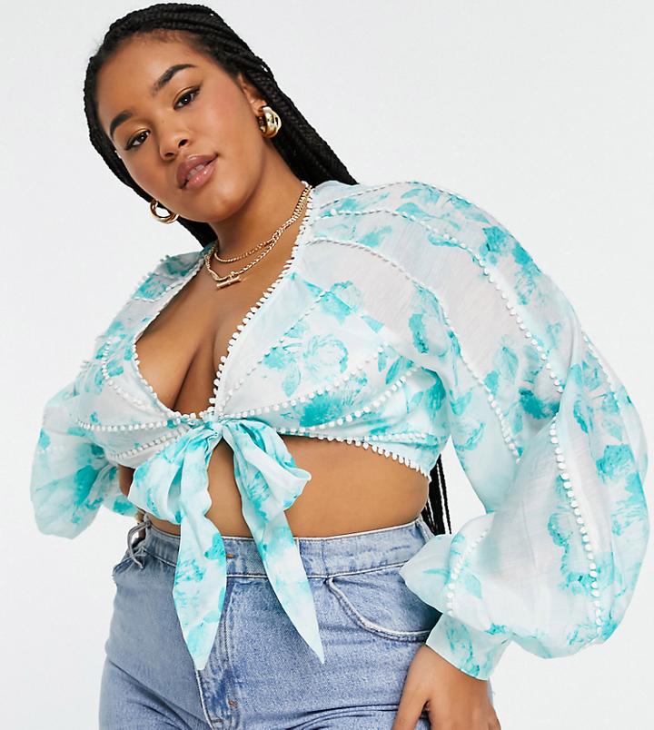 Asos Design Curve Floral Tie Front Blouson Sleeve Crop Top With Open Back Detail And Lace Trim - Part Of A Set-multi