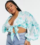 Asos Design Curve Floral Tie Front Blouson Sleeve Crop Top With Open Back Detail And Lace Trim - Part Of A Set-multi