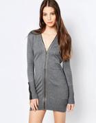 Qed London Zip Front Sweater Dress - Gray Melange