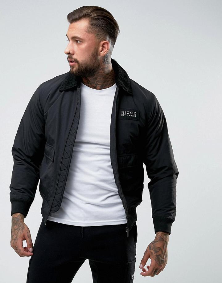 Nicce London Bomber Jacket In Black With Fleece Collar - Black
