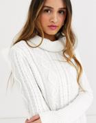 Qed London Roll Neck Cable Knit Sweater In White