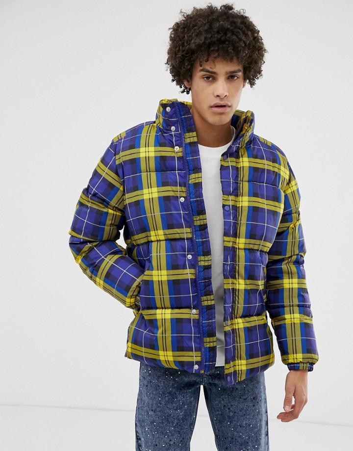 Pull & Bear Puffer Jacket In Check Print - Yellow