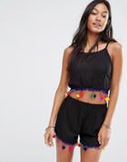 Anmol Cropped Cami Beach Top With Colourful Pom Poms - Black