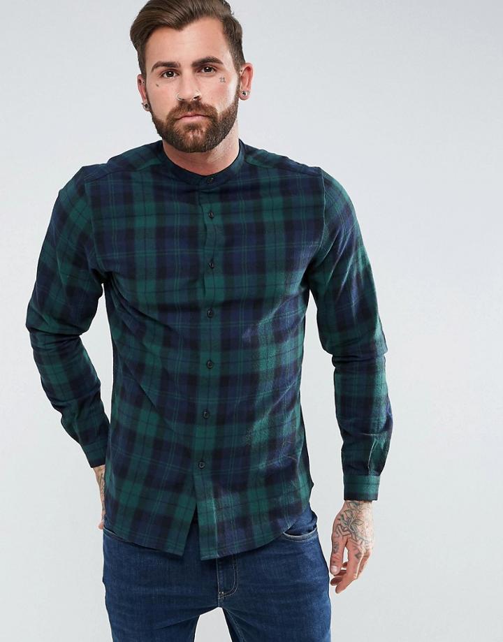 Asos Regular Fit Check Shirt With Grandad Collar - Green