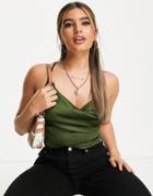 Parisian Satin Cami Strap Top With Cowl Neck In Olive-green