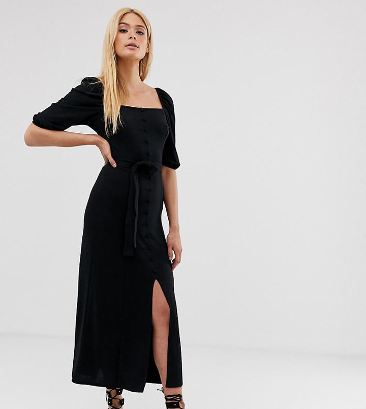Asos Design Tall Midi Button Through Square Neck Dress With Belt-black