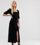 Asos Design Tall Midi Button Through Square Neck Dress With Belt-black