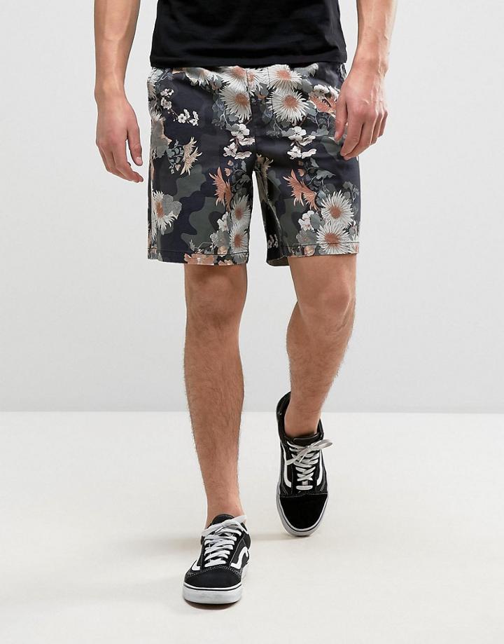 Asos Elasticated Waist Slim Shorts With Floral Print - Green