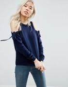 Asos Sweater With Tie Cold Shoulder In Cashmere Mix - Navy