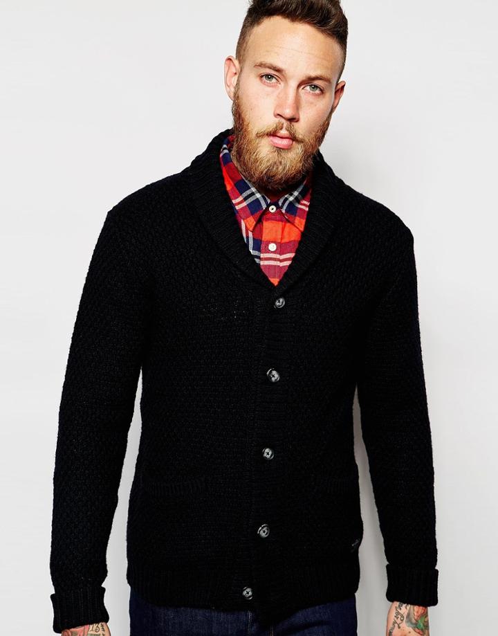 Lee Knit Shawl Cardigan Chunky Textured 2 Pocket - Black