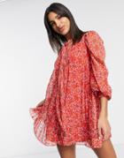 Asos Design Pleated Trapeze Textured Mini Dress With Neck Tie In Red Fun Floral Print-multi