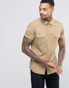 Asos Skinny Military Shirt In Stone With Short Sleeves - Stone