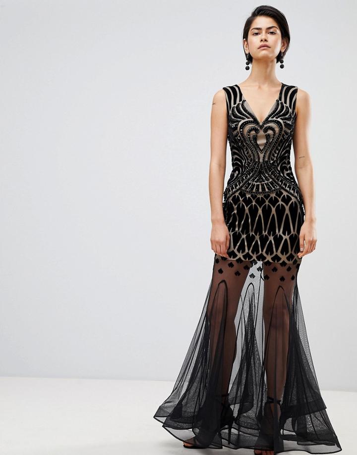 Forever Unique Embellished Maxi Dress With Sheer Skirt - Black