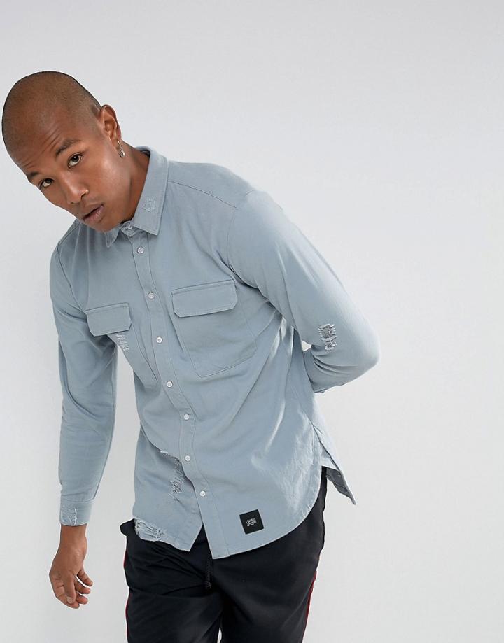 Sixth June Denim Shirt In Blue With Distressing - Blue