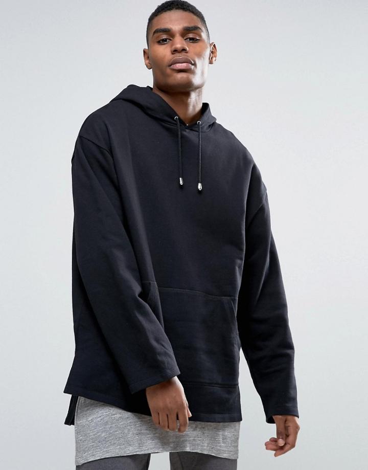Asos Oversized Super Longline Hoodie With Kangaroo Pocket - Black