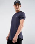 Le Breve Logline Curved Hem Twill Shoulder T-shirt - Navy