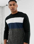 Asos Design 3/4 Sleeve T-shirt With Color Block In Linen Mix-black