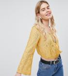 New Look Tie Front Long Sleeve Lace Top-yellow