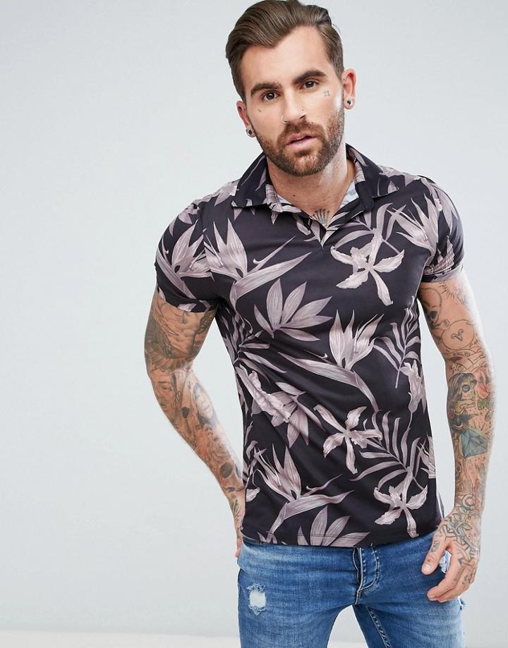 Asos Polo Shirt With Revere Collar In Floral Print - Black