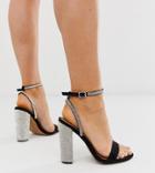 Asos Design Wide Fit Hot Step Embellished Block Heeled Sandals In Black - Black