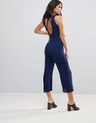 Goldie Chiffon Midi Length Jumpsuit With Frill Detail And Back Tie - Navy