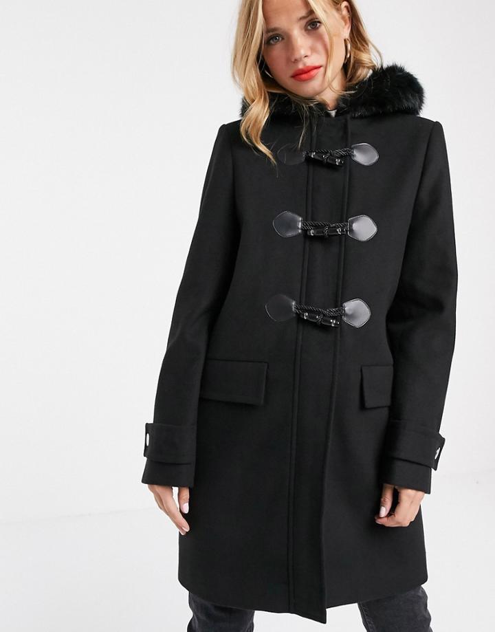 Asos Design Duffle Coat With Faux Fur Trim In Black