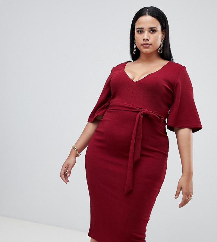 Missguided Plus Kimono Sleeve Plunge Midi Dress In Red - Red
