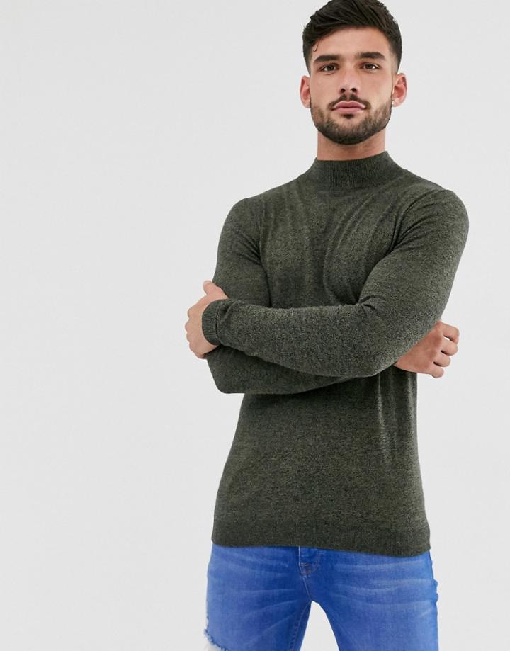 Asos Design Cotton Turtleneck Sweater In Khaki Twist-green