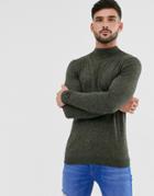 Asos Design Cotton Turtleneck Sweater In Khaki Twist-green