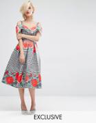 Horrockses Gingham Floral Midi Dress With Off Shoulder Neckline - Black Gingham Print