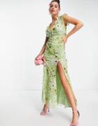 Asos Design Bias Cut Frill Detail Maxi Tea Dress In Green Floral Print-multi