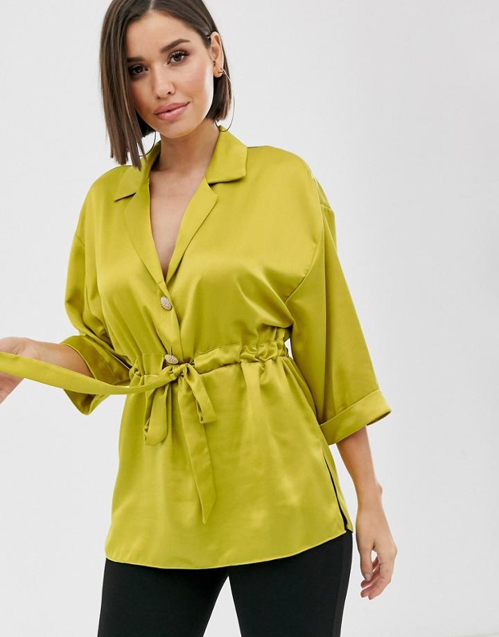 River Island Satin Shirt With Gathered Waist In Chartuese-yellow