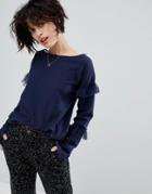 Leon And Harper Jersey Top With Tulle Ruffles - Navy