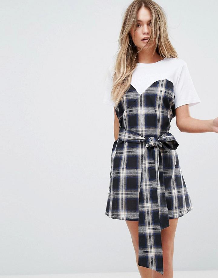 Prettylittlething Check Tie Waist T-shirt Dress - Multi
