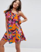 Asos One Shoulder Ruffle Sundress In Bright Tropical Print - Multi