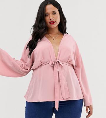 Boohoo Plus Plunge Blouse With Tie Waist In Blush - Pink