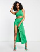 Aria Cove Recycled One Shoulder Cut Out High Thigh Split Maxi Dress In Green