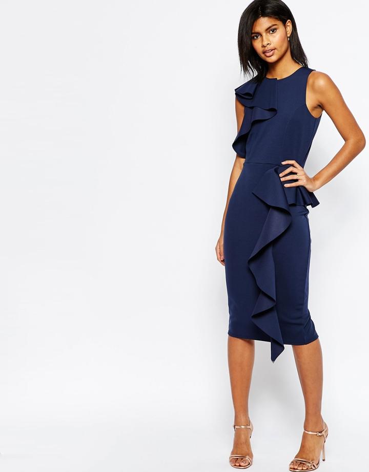 Asos Ruffle Neck And Peplum Midi Scuba Dress - Navy