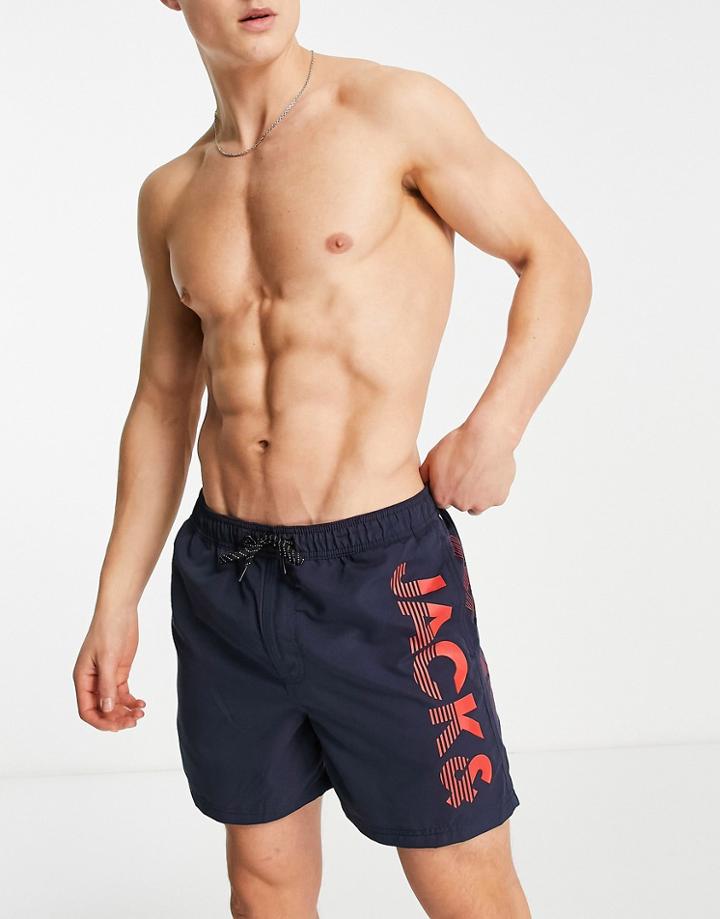 Jack & Jones Intelligence Swim Short With Contrast Branding In Navy