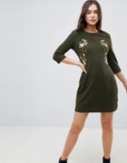 Qed London Embroidered Dress - Green