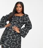 Asos Design Curve Mini Tea Dress With Bubble Ruched Sleeves In Black Base Floral
