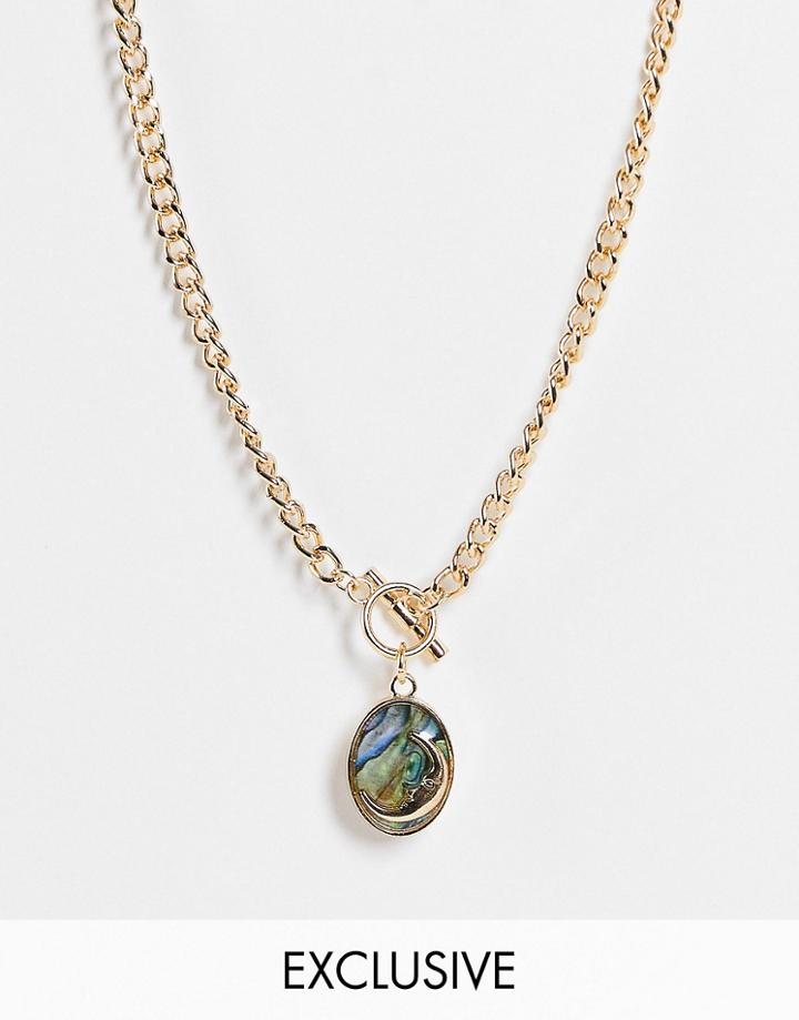 Reclaimed Vintage Inspired T-bar Necklace With Stone Moon And Star Pendant In Gold
