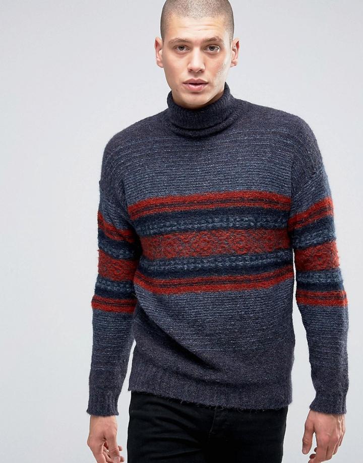 Sisley Roll Neck Sweater With Fairisle Detail - Red