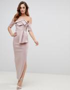 Asos Scuba Bardot Folded Bow Front Maxi Dress - Pink