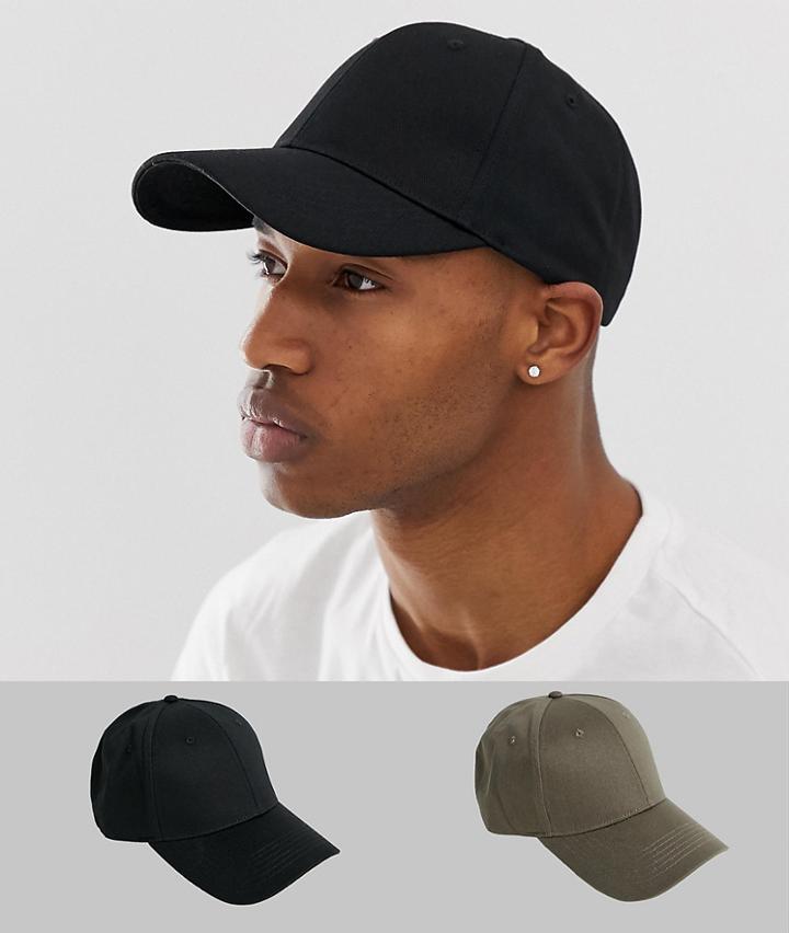 Asos Design 2 Pack Baseball Cap In Black And Khaki Save-multi